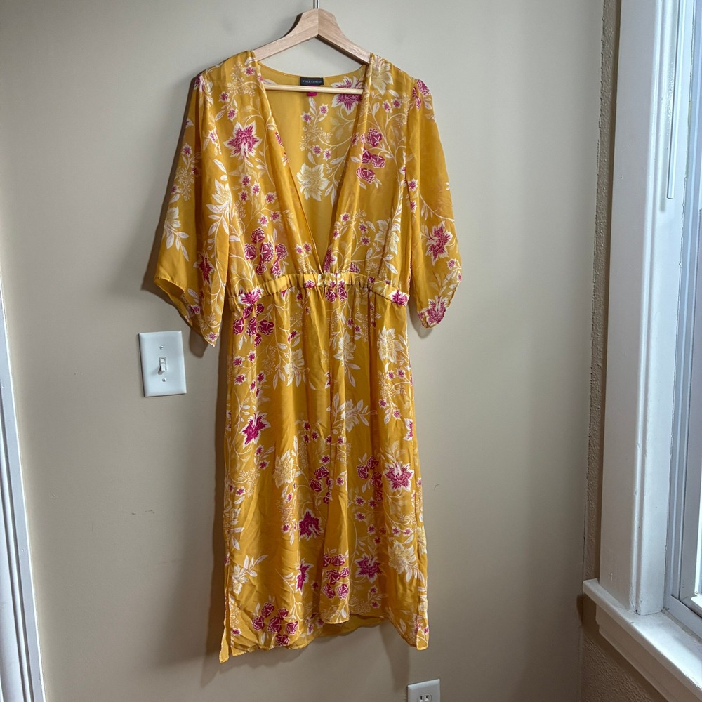 Vince Camuto Floral Sheer V-Neck Midi Dress Medium Yellow Women Flutter Sleeve